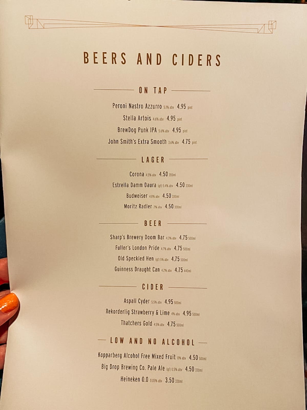 Beer And Cider menus and prices on 2021 sailings on P&O Cruises