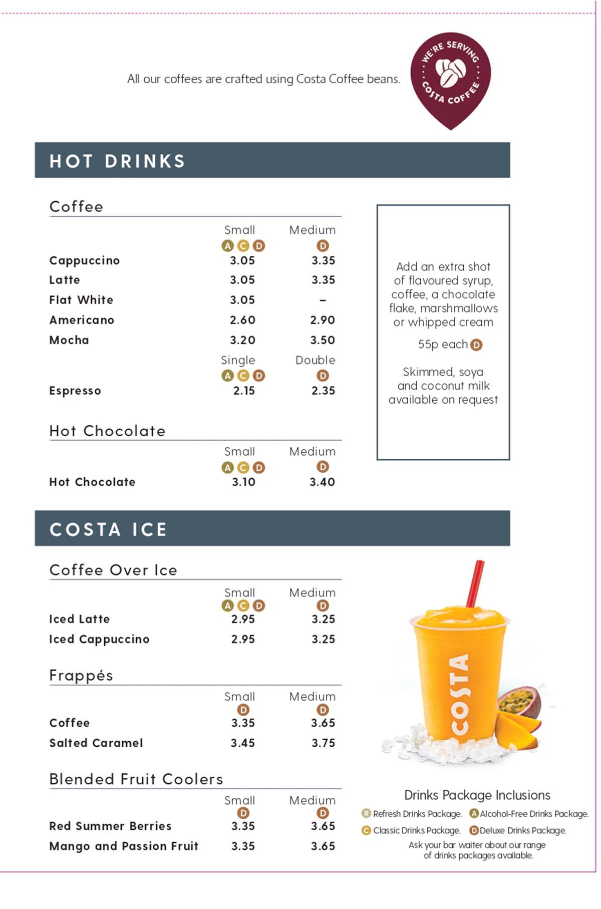 Costa Coffee menu P&O 2023