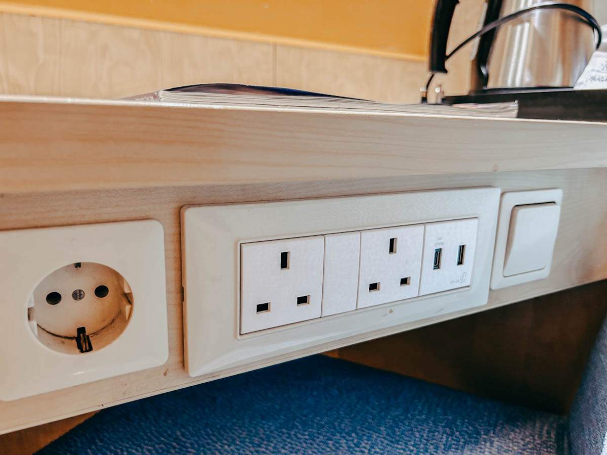 British plug sockets, US and USB point in the cabin