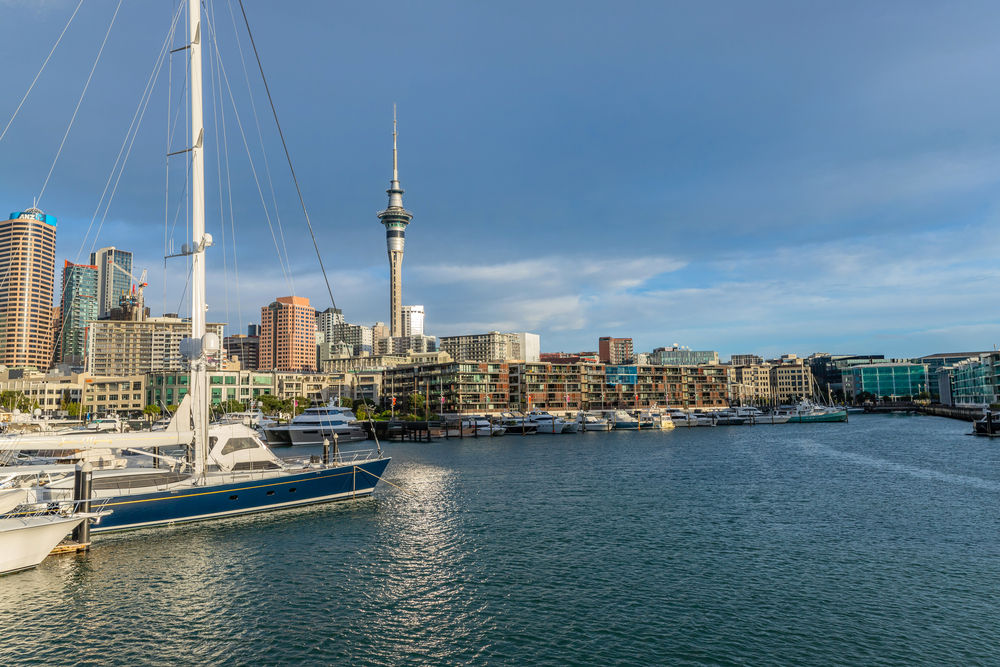 Auckland, New Zealand - 22 May 2023: The marina with Auckland city in the background, New Zealand